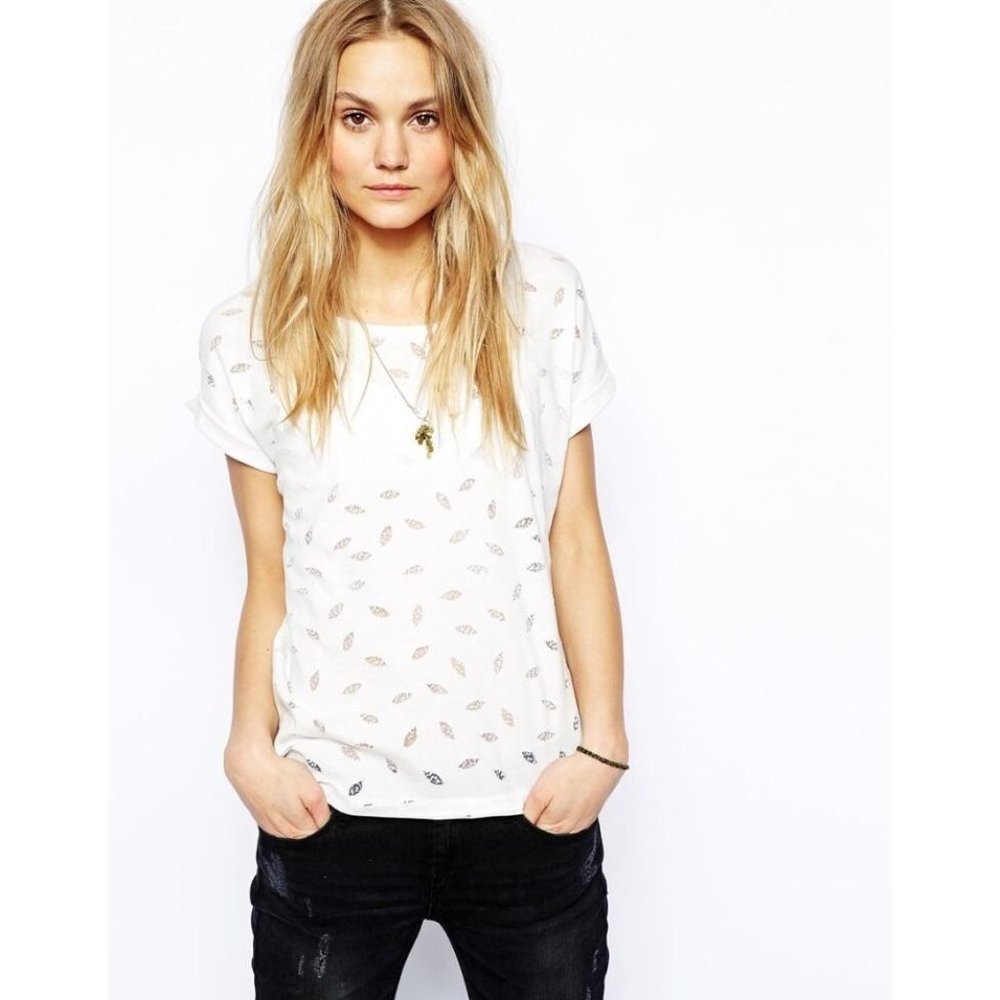 MAISON SCOTCH Burn Out Leaf Print TEE SHIRT Top CUFFED SLEEVES Off White Sz 3